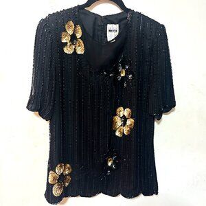 VINTAGE LESLIE FAY SILK Beaded Sequin Floral Evening Top Black Gold Medium Party